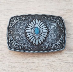 Boho Western Cowboys Buckle – Flower Blue Turquoise Stone Mens Belt Buckle