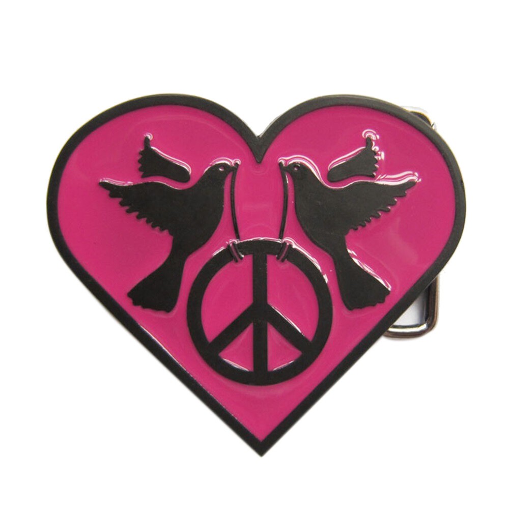 Pink Heart Peace Sign Doves Metal Belt Buckle