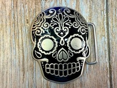 Day Of The Dead Black Skull Mexican Dia De Muertos Belt Buckle- Jeans Friend