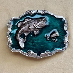 Fish Belt Buckle Green Enamel Metal Largemouth Bass and Lure 2007