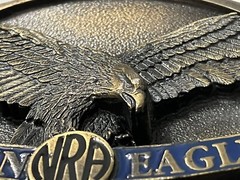 Vintage NRA Belt Buckle Golden Eagles Solid BRASS Blue Made in USA NRA Am Eagle