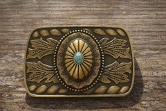 Turquoise Western Belt Buckle Antique Brass Engraved Oval Cabochon Cowboy Style