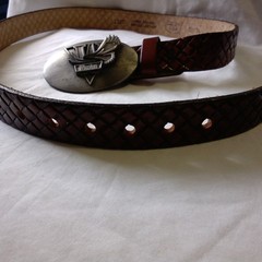 Vtg Winston Buckle W/Hand Stained Bridle Leather Belt 32/34 3D Flying Eagle…