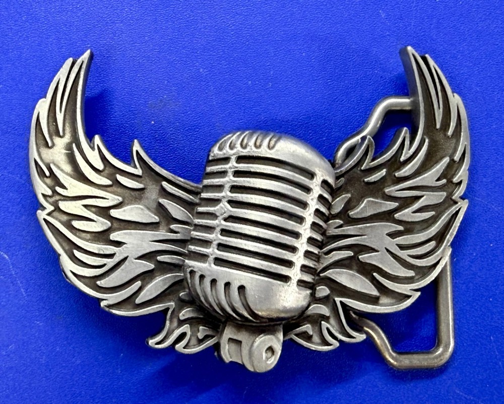 Retro Microphone Flying Mic & Wings Rock Music Silver Color Cutout Belt Buckle