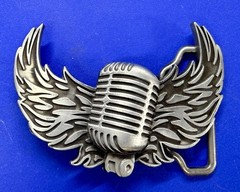 Retro Microphone Flying Mic & Wings Rock Music Silver Color Cutout Belt Buckle