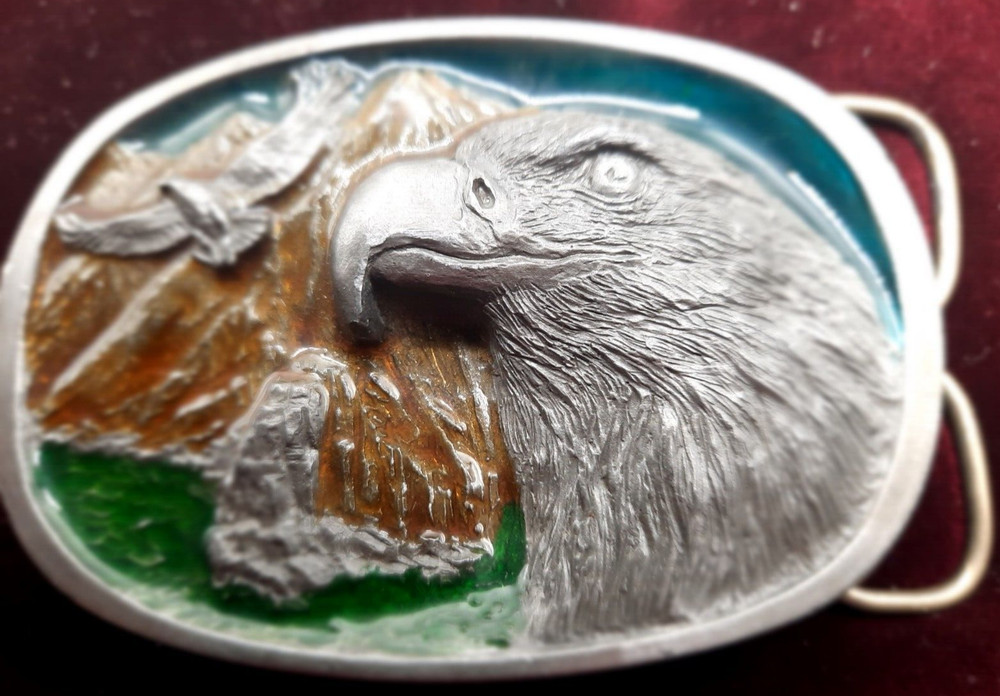 Vintage Large Portrait Eagle Head Enameled Belt Buckle , 1986 C + J
