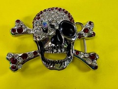 Pirate Skull Head Crossbones Red Clear Rhinestone Covered Costplay Belt Buckle