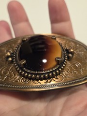 Vintage – Tiger&rsquo;s Eye Gemstone Belt Buckle – Bronze color w/Decorative Engraving