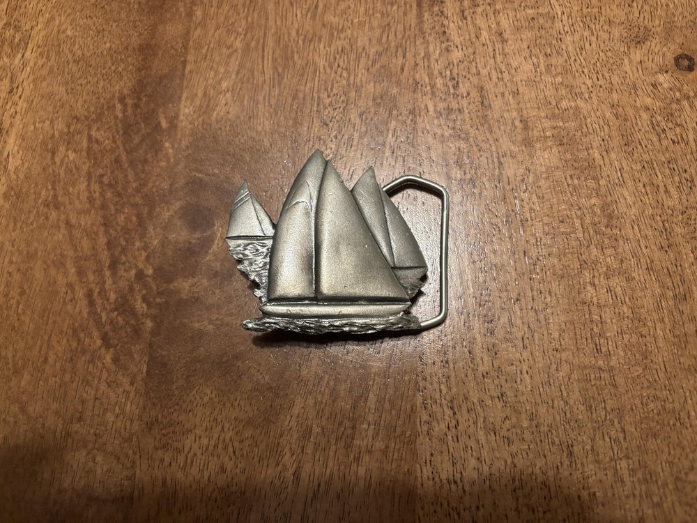 Vintage Indiana Metal Craft Sailboat Belt Buckle Pewter Nautical 1978 Mens