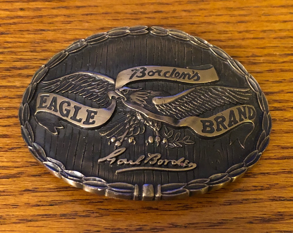 VINTAGE 1970s BORDEN&rsquo;S EAGLE BRAND BELT BUCKLE SOLID BRONZE 3 1/2&Prime; X 2 3/4&Prime;
