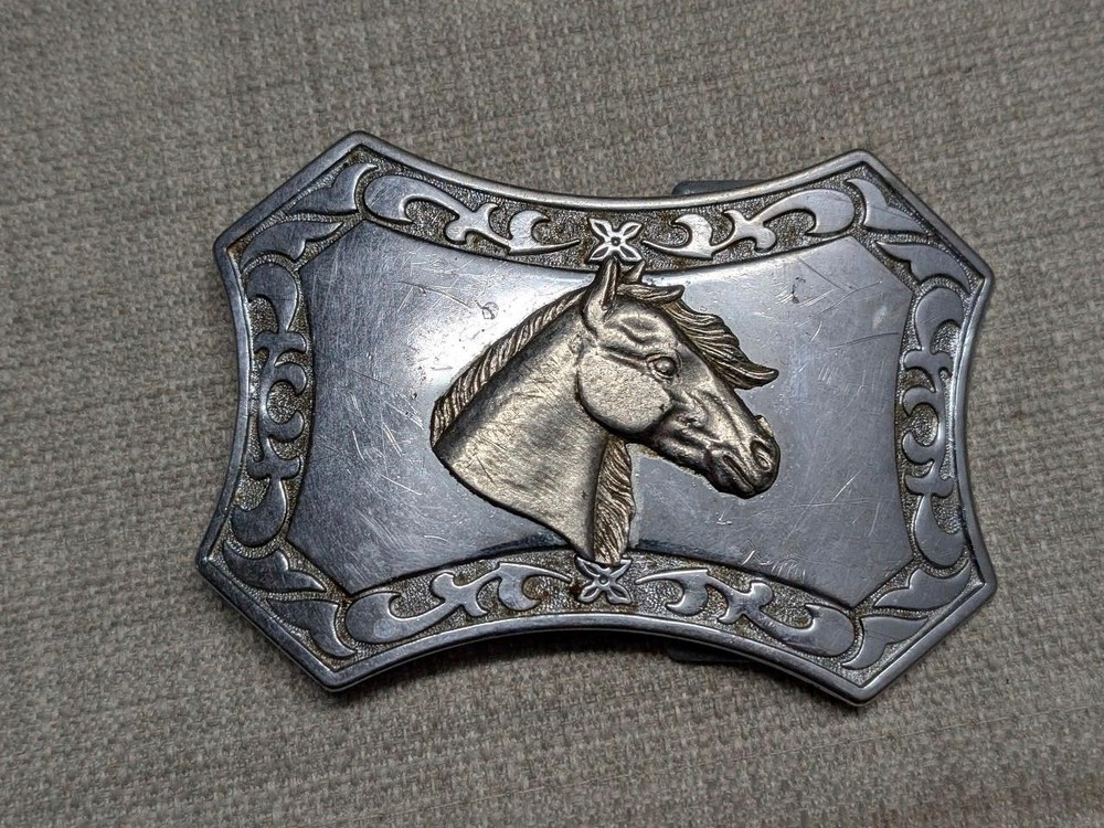 vintage HORSE HEAD belt buckle WESTERN cowboy RODEO chrome metal EQUESTRIAN