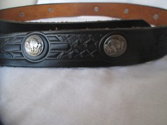 Flying Eagle Buckle Brass Tone & Black & Buffalo Nickel Accented Belt Size 38