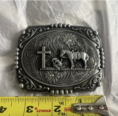 Western Floral Belt Buckle Praying Cowboy Kneeling at Cross Antique Silver Tone