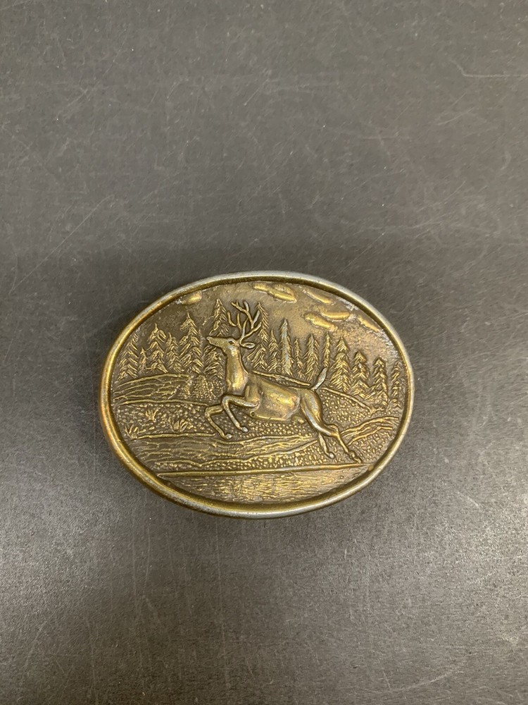 Brass Oval Belt Buckle Hunting Jumping Deer Forest