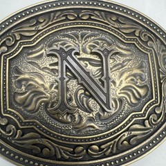 Old English / Gothic Initial “N” Bronze And Gold Tone Western Cowboy Belt Buckle