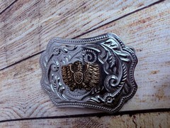 Pair Of Silver Metal Belt Buckles Eagle Seal Embossed Western Thunderbird Paint