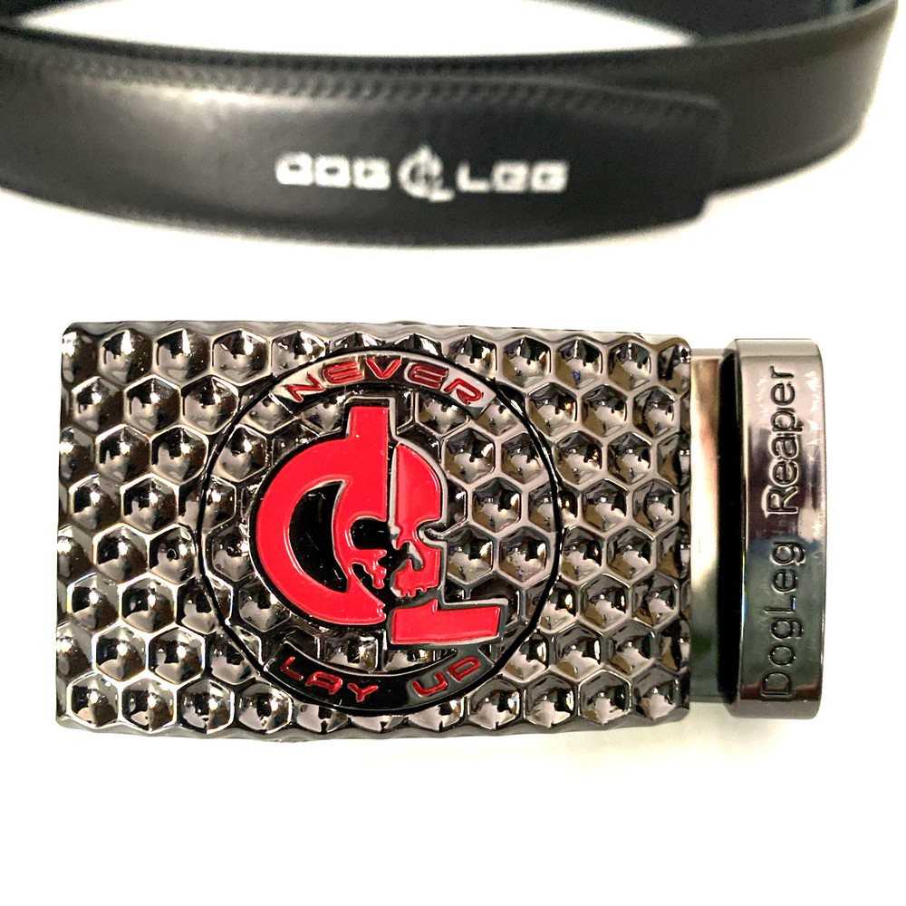 Golf Belt Leather w/Ratchet Buckle Removable Ball Marker Skull Reaper Black Red