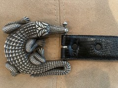 Huge Kieselstein-Cord Sterling Alligator Buckle With Black Lizard Belt Size 1