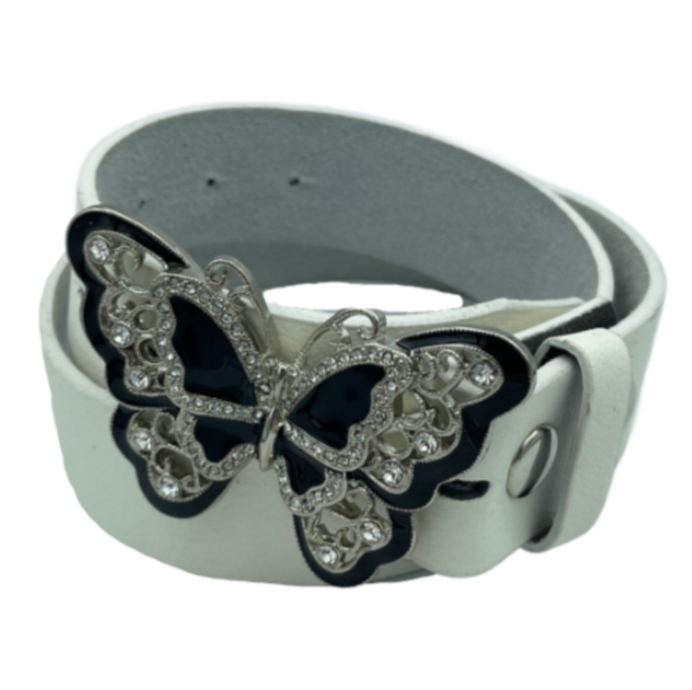 Black Rhinestone Glitter Butterfly Butterflies White Snap-On Belt Buckle