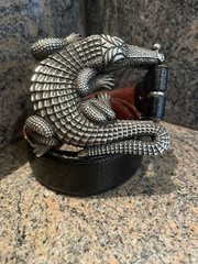 Huge Kieselstein-Cord Sterling Alligator Buckle With Black Lizard Belt Size 1