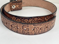Vtg Tooled Leather Western Belt & Brown Stone BUCKLE 30/34 Small Deer Woods USA