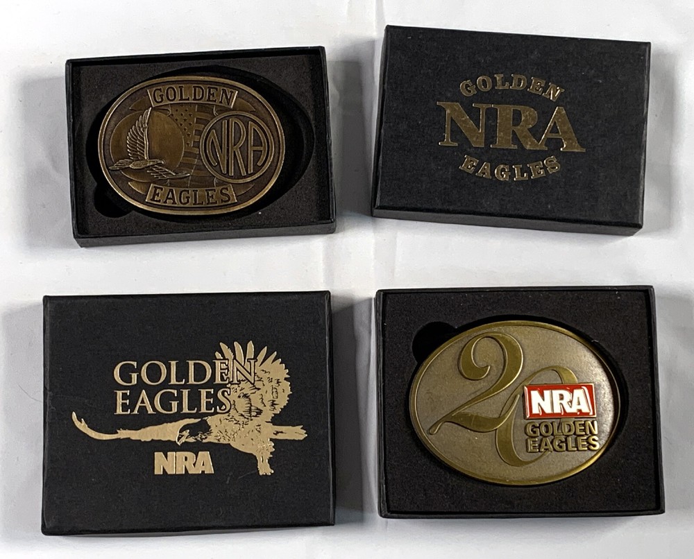 2 NRA National Rifle Association Brass Belt Buckles 2013 Golden Eagles in Boxes