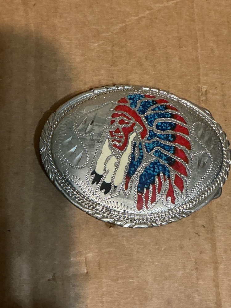Used Colorful Metal Alloy Indian Chief Multi color inlay Belt Buckle
