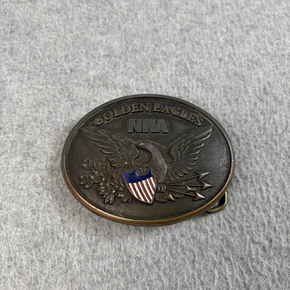 Vintage NRA Golden Eagles Belt Buckle Mens Brass Tone Patriotic USA Flag Y2K