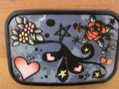 Belt Buckle Black Metal Hearts and Flowers pink gray and black on black metal