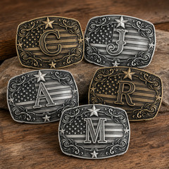 USA Flag Initial Belt Buckle Western Cowboy Patriotic Monogram Fits 1.5 Belt