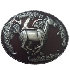Metal Horsing Belt Buckle with Red and Pewter Color Finish
