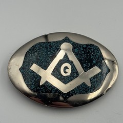 Vintage Masonic Belt Buckle Turquoise Chip Inlay Compass Silver Tone