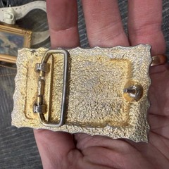 Vintage Gold Tone Metal & Jasper? Stone Belt Buckle W/ Bamboo Style Trim Cowboy