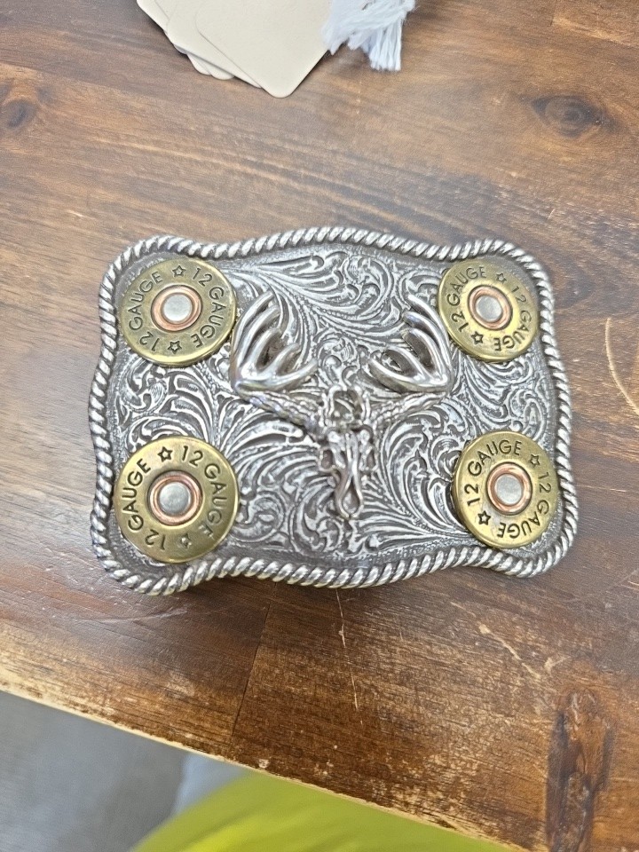 Nocona Silver Buck Skull & Shotgun Shell Belt Buckle 37526