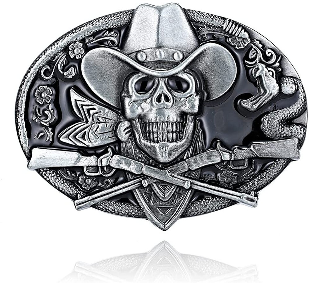 Dead Cowboy Belt Buckle Skull Crossed Guns Rattlesnake Western Fits 1.5&Prime; Belt