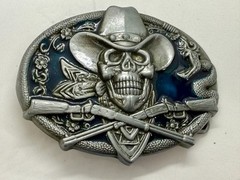 Cowboy Skull Bandana W/ Crossed Rifle Snakes Blue Background Western Belt Buckle