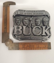 Vintage Pewter Embossed BUCK KNIVES Four Generations Knife Makers Belt Buckle