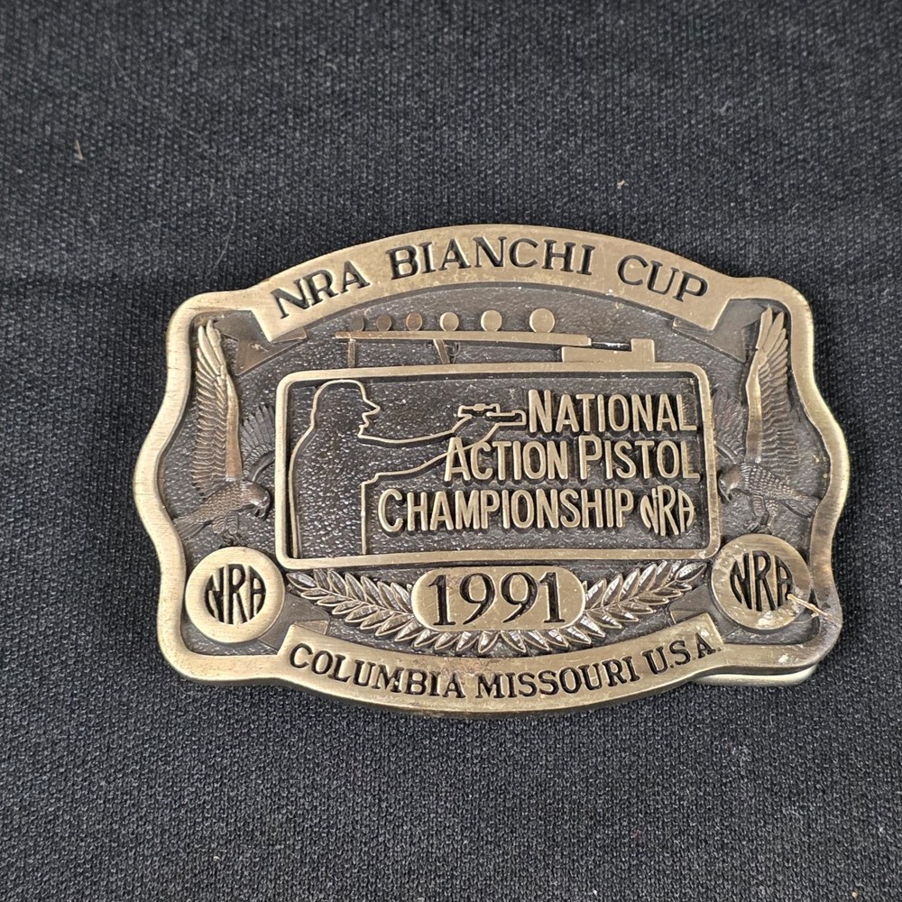 NRA Bianchi Cup Belt Buckle Bronze Tone 3.25&Prime; Wide 1991 Engraved