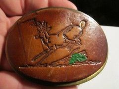 VINTAGE LEATHER TOOLED DEER DESIGN BELT BUCKLE WITH METAL FRAME HEAVY – BBA44
