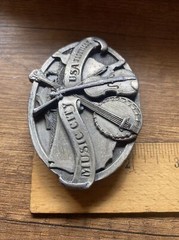 Vintage NASHVILLE MUSIC CITY USA metal Belt Buckle Pewter Banjo Fiddle Country