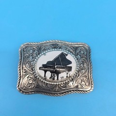 Vintage Western Belt Buckle Silver Tone Ornate Scroll Grand Piano