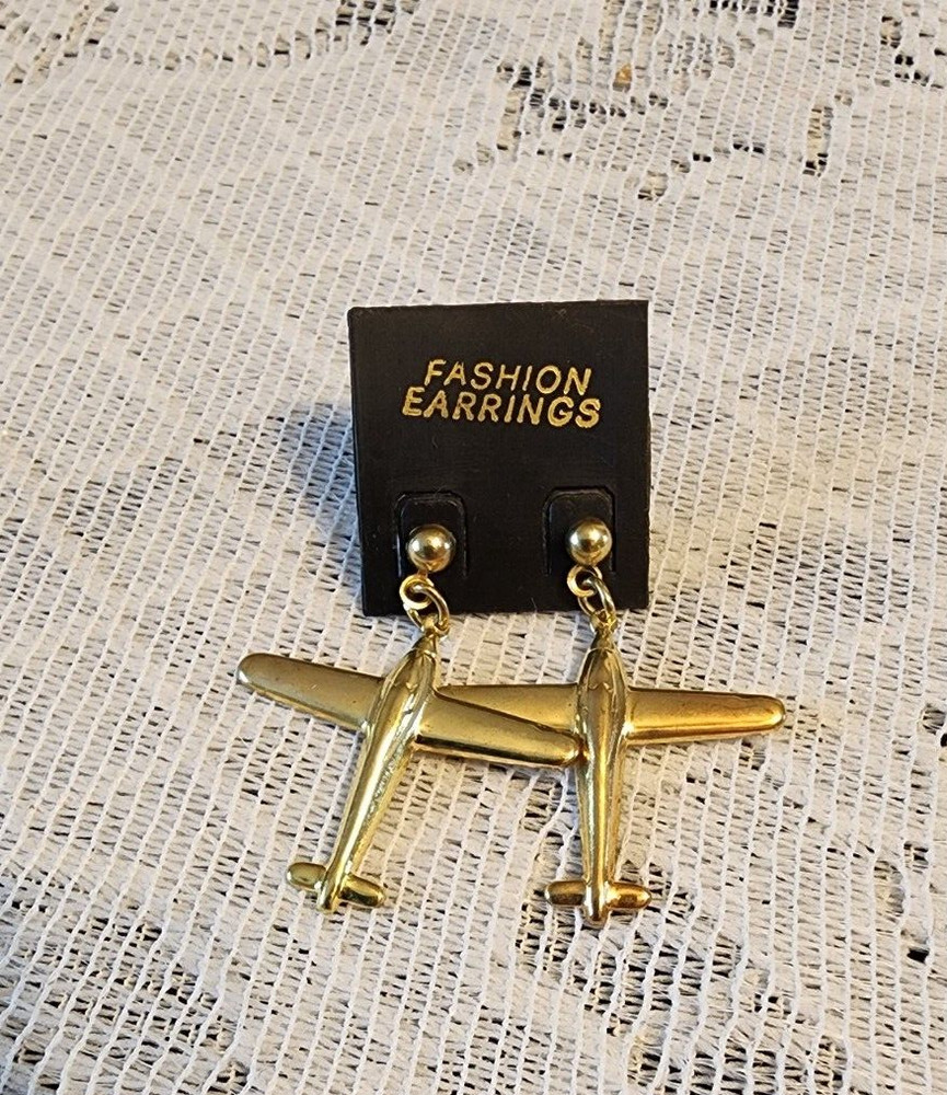 Air plane dangle drop gold tone earrings 1 3/8&Prime;