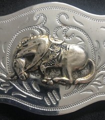 Vintage Western Style Chrome Belt Buckle with Applied Brass Bucking Bronco Horse