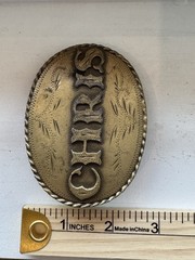 Spec-Cast Vintage CHRIS Oval Western Engraved Cowboy Belt Buckle Gold 1981
