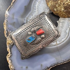 Vintage Richard Henry Yazzie Native American Silver Turquoise &Coral Belt Buckle