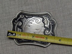 vintage CHROME belt buckle ENGRAVED metal WESTERN cowboy FLORAL