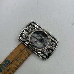 Vintage Silver Tone Black Belt Buckle Marble Stone Design Western Engraved