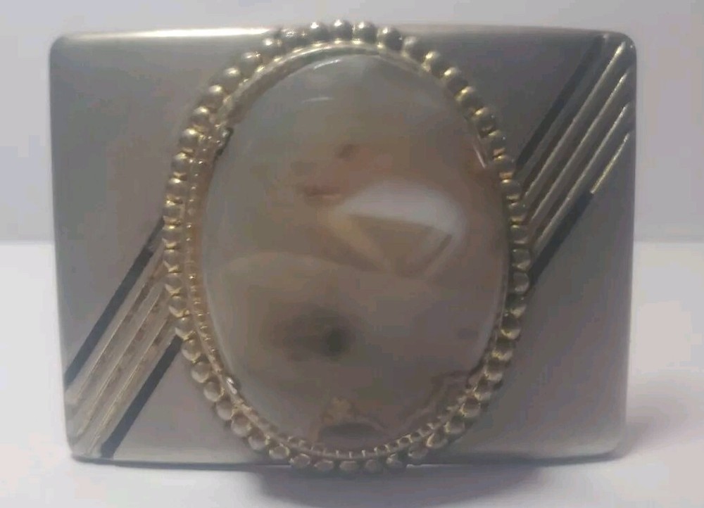 vintage BELT BUCKLE Siver/black/gold Tone Multicolor Center stone 1 Prong Missin