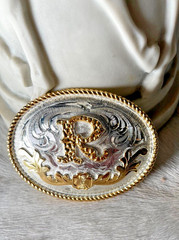 Western Initial Belt Buckle 3.5 x 2 5/8 in Oval R Silver Engraved Gold 1.75