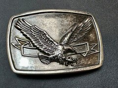 American Eagle With Wings Wide Flying High In Front Of Ribbon Belt Buckle